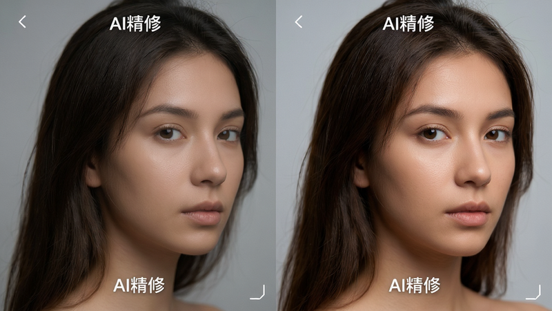 手机屏幕对比图,左侧为原图,右侧为AI精修后效果,主体为人像对比,布局左右分割,排版对称,风格专业摄影感,细节展示发丝与皮肤质感,画质高,干净,文字“AI精修”标注