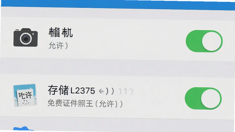 手机设置界面截图,主体为权限管理页面,布局聚焦相机与存储权限,排版清晰,风格系统原生UI,细节显示“允许”开关状态,画质清晰,干净,文字“免费证件照王”在列表项