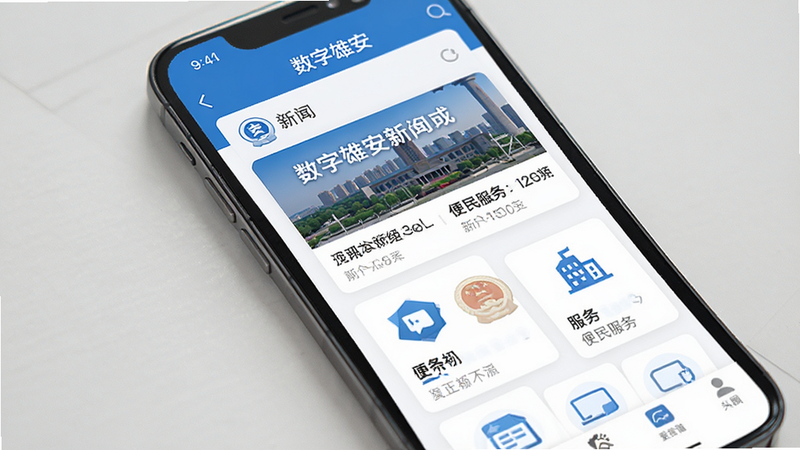主体为手机APP首页界面,显示“数字雄安”的新闻中心与便民服务板块,布局为卡片式排列,排版整齐有序,风格为政务蓝白色调,细节包含头条新闻标题、服务图标入口,画质高清,干净无广告,文字“数字雄安”位于顶部导航栏
