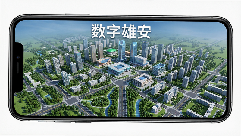 主体为手机屏幕界面展示“数字雄安”的3D城市全景图,布局为全屏显示,排版聚焦于城市中心区域,风格为写实渲染风,细节包含清晰的道路网格、绿色植被覆盖以及标志性建筑的高亮显示,画质细腻,干净无水印,文字“数字雄安”位于屏幕顶部