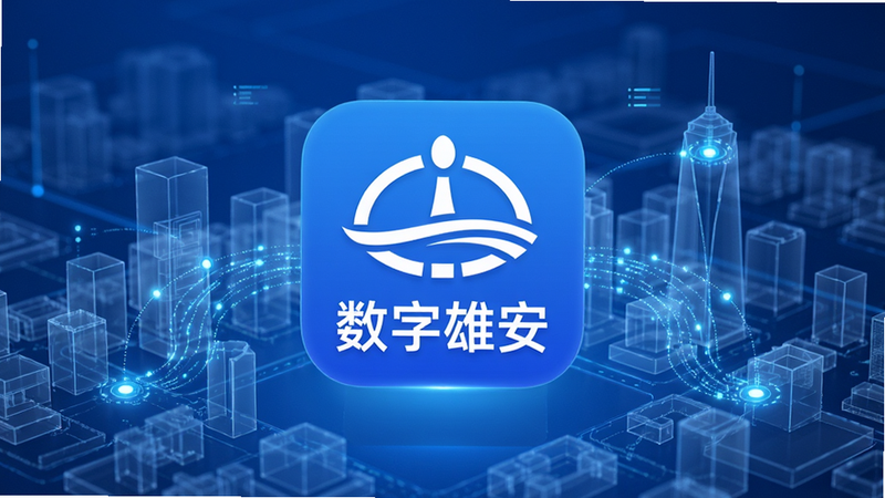主体为“数字雄安”APP图标悬浮在蓝色科技背景上,背景由半透明的城市3D线框模型组成,布局居中,排版简洁现代,风格为极简科技风,细节包含发光的数据流线条连接城市节点,画质8k高清,干净无多余元素,文字“数字雄安”清晰可见