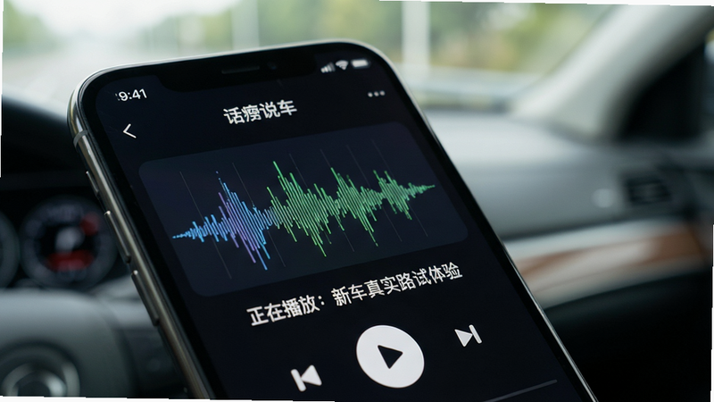 手机屏幕特写,显示“话痨说车”APP内的音频播放界面,背景模糊处理,前景清晰展示波形图和播放按钮,文字“正在播放:新车真实路试体验”,字体清晰,风格现代简约,细节丰富,画质高清,干净