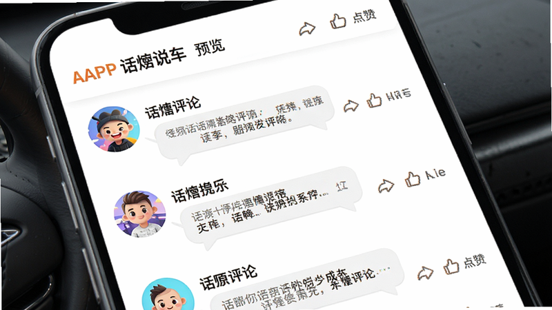 “话痨说车”APP社区界面预览,布局为列表式,显示用户头像、昵称和评论气泡,背景为白色,文字清晰可读,包含“分享”、“点赞”等图标,风格活泼生动,细节精致,画质高,干净,无多余元素