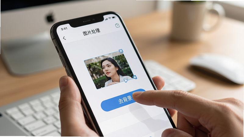 商详宝操作教程插图,主体为手机屏幕特写,显示“图片处理”界面,手指正在点击“去背景”按钮。背景为模糊的办公桌面,光线柔和。风格写实,细节丰富,高清摄影质感,焦点清晰,无杂乱背景元素,突出操作便捷性。