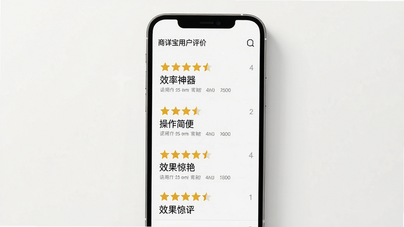 商详宝用户评价界面,主体为手机屏幕,显示多条五星好评,文字内容包括“效率神器”、“操作简便”、“效果惊艳”。背景为浅色,风格清新,文字清晰可读,排版整齐,无广告干扰,干净简洁,高清展示。