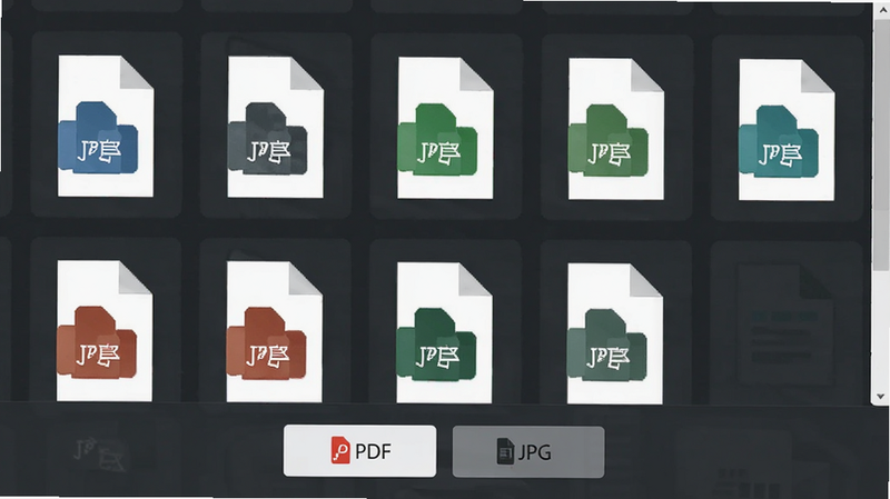 主体为文件导出界面,屏幕显示多个文档缩略图排列,下方有PDF和JPG格式选择按钮,布局上下结构分明,排版有序,风格扁平化,细节包含文件格式图标,画质高保真,干净,无多余元素