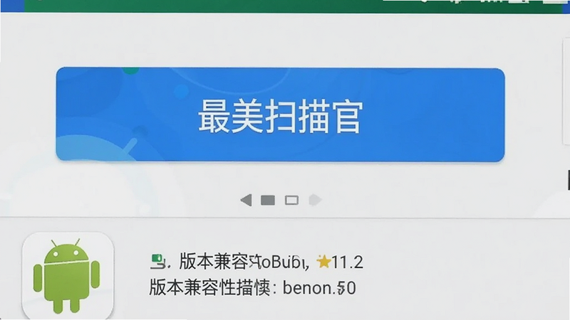 主体为安卓系统界面,显示应用商店中“最美扫描官”的安装按钮,屏幕下方有版本兼容性提示,布局简洁,排版清晰,风格系统原生风,细节包含安卓机器人图标,画质清晰,干净,无多余元素