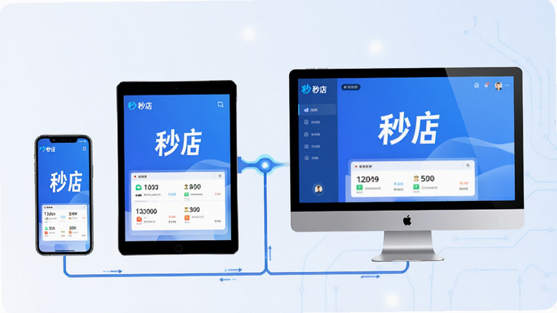 秒店APP多设备同步示意图,手机、平板、电脑屏幕显示相同数据,布局展示连接关系,风格科技蓝,细节流畅,画质清晰,干净,无多余元素,文字