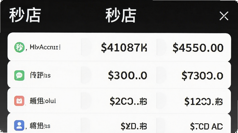 秒店APP账单详情页,列表展示不同支付方式的金额汇总,布局整齐,风格清晰明了,细节突出金额数字,画质高清,干净,无多余元素,文字