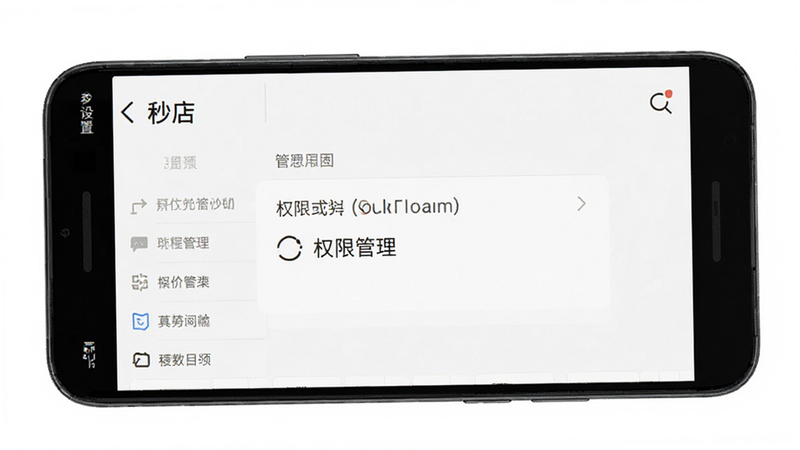 展示秒店APP在安卓手机上的设置界面,突出权限管理选项,布局清晰,风格简洁,细节准确,画质高清,干净,无多余元素,文字