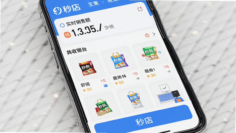 画面主体为手机屏幕特写,显示秒店APP界面,布局简洁,顶部显示实时销售额,中部为商品列表,底部为收银台,风格现代扁平化,细节清晰,画质高清,干净,无多余元素,文字