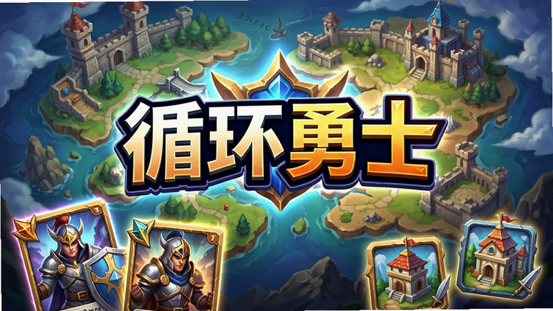 游戏主视觉图,画面中央展示“循环勇士”标题,背景为奇幻风格地图,前景有英雄卡牌和建筑图标,色彩鲜艳,高清渲染,无多余文字