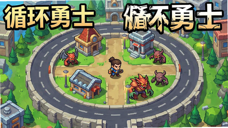 游戏地图截图,展示环形道路布局,上面分布着不同的建筑物和怪物,画面清晰,色彩丰富,标注“循环勇士”字样