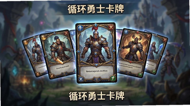 卡牌展示界面,多张精美卡牌悬浮在空中,背景模糊,突出卡牌细节,文字标注“循环勇士卡牌”