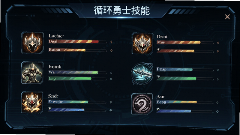 角色属性界面,展示不同职业的技能图标和属性条,背景为深色科技感,文字标注“循环勇士技能”