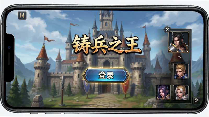 主体为一部现代智能手机,屏幕中显示《铸兵之王》游戏登录界面,背景是经典的玛法大陆城堡场景,布局居中,排版简洁,风格为写实游戏UI,细节包含发光的“登录”按钮和角色选择框,画质高清,干净,无多余元素