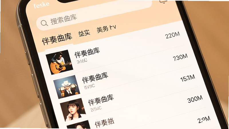 一张展示音乐曲库列表界面的图片,主体为手机应用内的歌曲列表,每行显示歌曲名称和时长,布局为标准列表式,排版整齐,风格温馨柔和,细节展示搜索栏和分类标签,画质高清,干净,文字包含“伴奏曲库”