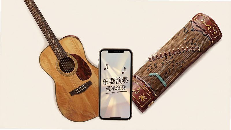 一张展示多种乐器与手机屏幕互动的概念图,主体为吉他、古筝和手机,布局呈扇形展开,排版和谐,风格艺术生活化,细节展示乐器纹理和屏幕光影,画质高清,干净,文字包含“乐器演奏”