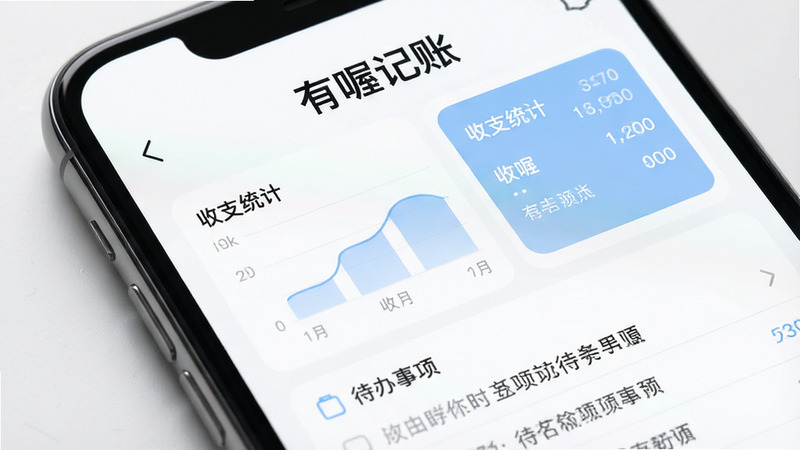 一张展示智能手机屏幕的高清特写图,手机界面显示着“有喔记账”App的首页,界面设计极简清新,白色背景搭配柔和的蓝色主色调,顶部清晰显示“有喔记账”四个汉字,下方是收支统计图表和待办事项列表,整体布局整洁,光影柔和,体现专业与科技感,高清细节,无多余元素