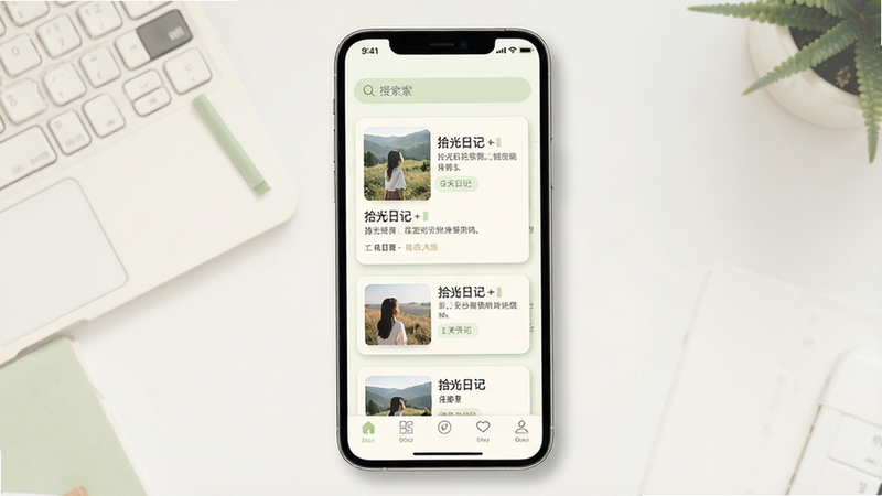 拾光日记应用主界面预览图,主体为手机屏幕显示日记列表页面,布局清晰,顶部为搜索栏,中间为卡片式日记缩略图,包含图片与文字摘要,底部为导航栏,风格清新简约,配色以米白与浅绿为主,细节处有柔和阴影,画质高清,干净,无多余元素,文字“拾光日记”清晰可见