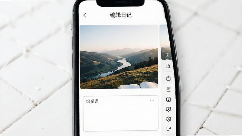 拾光日记编辑页面示意图,主体为手机屏幕,显示图文混排的编辑界面,上方为一张风景照片,下方为输入框,右侧有功能图标栏,风格现代极简,细节展示图片与文字的排版协调,画质清晰,干净,无多余元素,文字“编辑日记”位于顶部