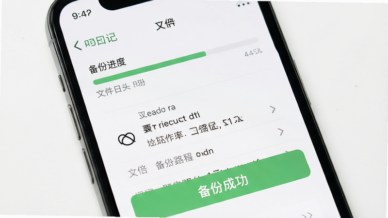 拾光日记导出备份界面预览,主体为手机屏幕,显示备份进度条和选项,布局清晰,风格简约,细节展示文件大小和路径,画质高清,干净,无多余元素,文字“备份成功”清晰可见