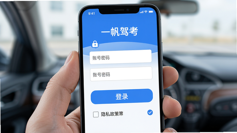 主体为手机屏幕,显示“一帆驾考”APP的登录界面,布局包含账号密码输入框与登录按钮,风格蓝色调,细节包含安全锁图标与隐私政策勾选框,画质高清,干净,文字“登录”清晰
