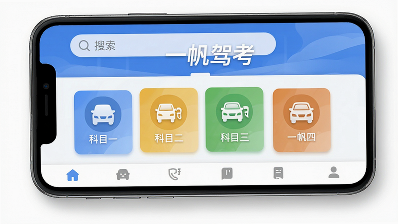主体为智能手机屏幕,显示“一帆驾考”APP主界面,布局清晰,顶部为搜索栏,中部展示科目一、科目二、科目三、科目四四大模块图标,底部为导航栏,风格为扁平化UI设计,细节包含高清图标与柔和阴影,画质4k,干净无多余元素,文字“一帆驾考”清晰可见
