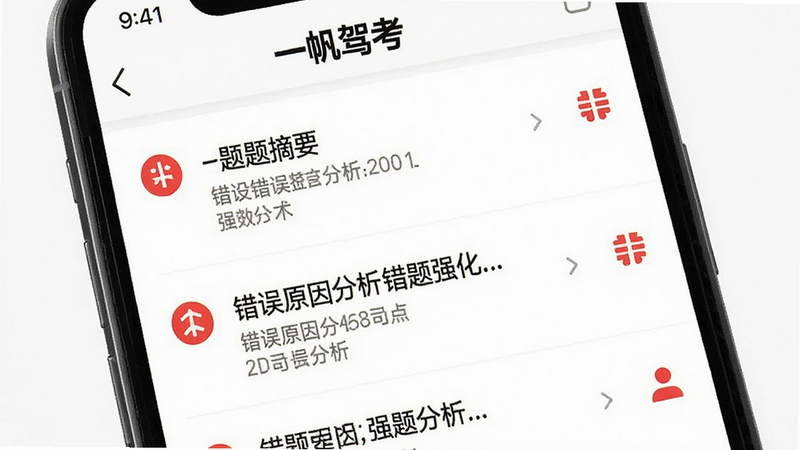 手机界面展示“一帆驾考”错题本功能,布局为列表形式,每项包含题目摘要与错误原因分析,风格简约白色背景,细节包含红色标记的错误图标,画质清晰,干净,文字“错题强化”可见