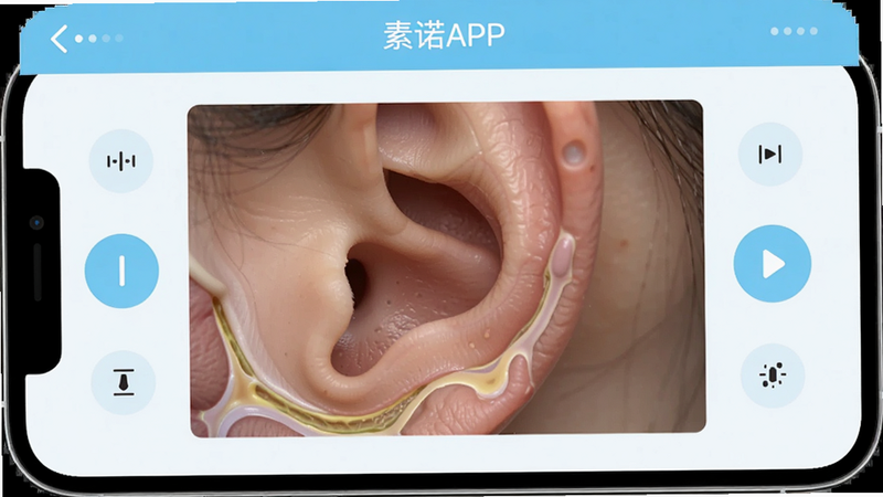 一张高清手机屏幕截图,显示素诺APP界面,中间是清晰的耳道内部高清视频画面,四周分布着简洁的控制按钮,整体色调为清新的浅蓝色和白色,界面干净无杂乱元素,画质细腻,无多余水印