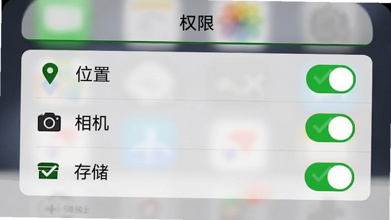 手机设置界面截图,显示“权限”选项卡,其中“位置”、“相机”、“存储”三项均已勾选开启,旁边有绿色对勾图标,背景模糊,突出权限设置区域,风格清晰直观,无多余文字