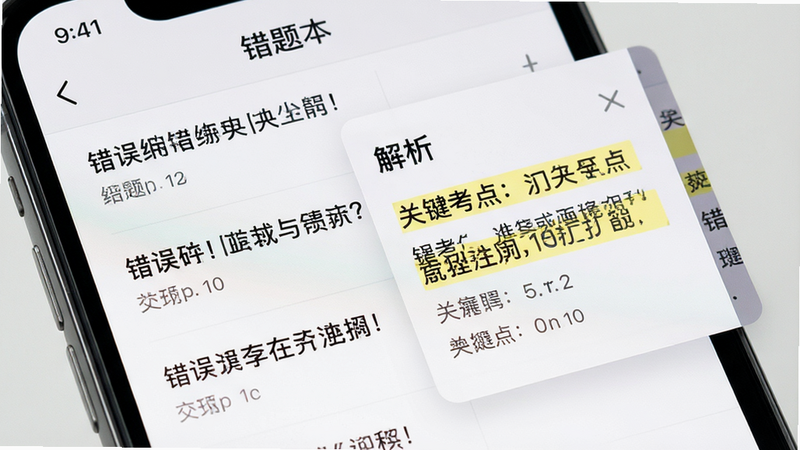 生成一张特写镜头,展示手机屏幕上“错题本”功能界面,左侧列表显示错误题目,右侧弹出解析框,高亮显示关键考点,界面清晰,字体清晰可读,风格简约专业,高清,干净,无多余元素