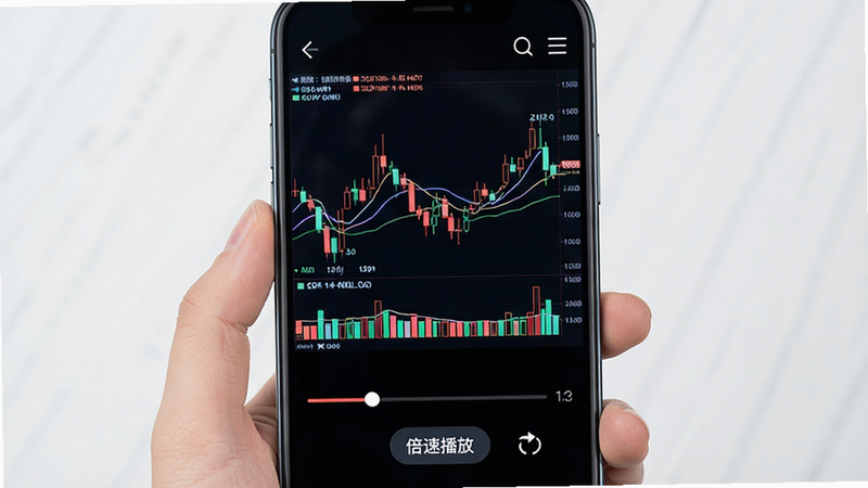 生成一张手机屏幕截图,显示视频播放界面,视频内容为期货K线图讲解,下方有进度条和“倍速播放”按钮,界面简洁,色彩鲜明,高清,干净,无多余元素