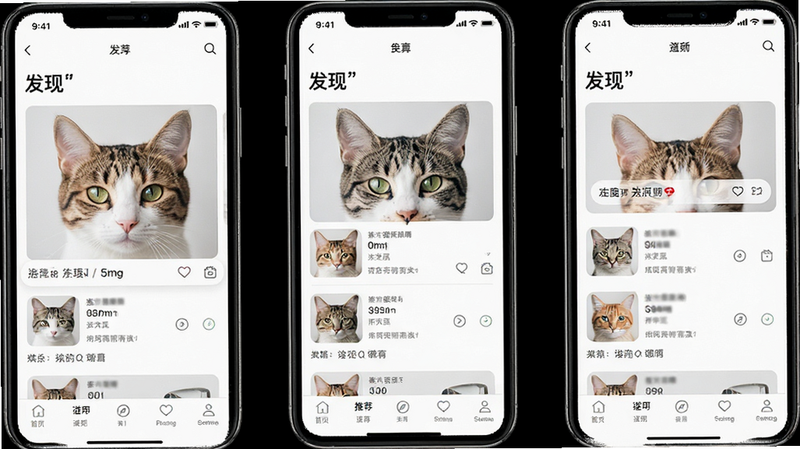 猫耳洞APP的主界面截图,显示推荐列表与底部导航栏,背景为白色,布局清晰,排版整齐,风格简约,细节精致,画质高清,干净,无多余元素,文字“发现”加引号