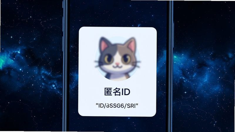一个深蓝色的手机屏幕界面,显示用户资料卡,头像是一个模糊的卡通猫头,下方是随机生成的ID字符串,背景为深空星图,布局垂直居中,排版简洁,风格科技感与神秘感结合,细节清晰,画质高清,干净,无多余元素,文字“匿名ID”加引号
