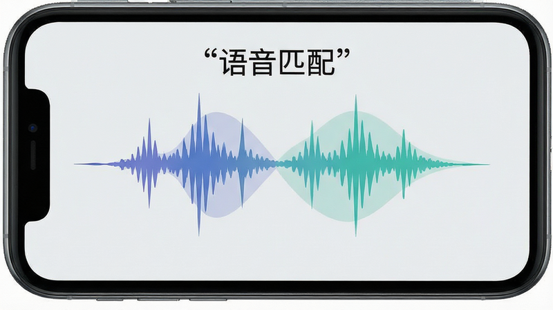 手机界面展示语音通话界面,两个声波波形图在屏幕中央交错,背景为浅灰色,布局左右对称,排版现代,风格扁平化,细节平滑,画质高清,干净,无多余元素,文字“语音匹配”加引号