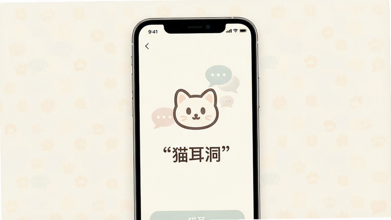 一张极简主义风格的手机界面设计图,主体是“猫耳洞”APP的登录页面,背景为柔和的米白色,中央有一个圆润的猫耳形状Logo,周围环绕着淡淡的对话气泡,布局居中对称,排版清晰,风格清新治愈,细节精致,画质高清,干净,无多余元素,文字“猫耳洞”加引号