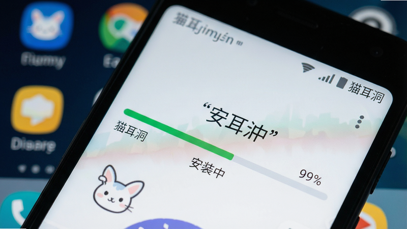 一部安卓手机正在安装“猫耳洞”APP的界面,屏幕显示进度条99%,背景为模糊的桌面图标,布局特写,排版聚焦,风格写实,细节清晰,画质高清,干净,无多余元素,文字“安装中”加引号