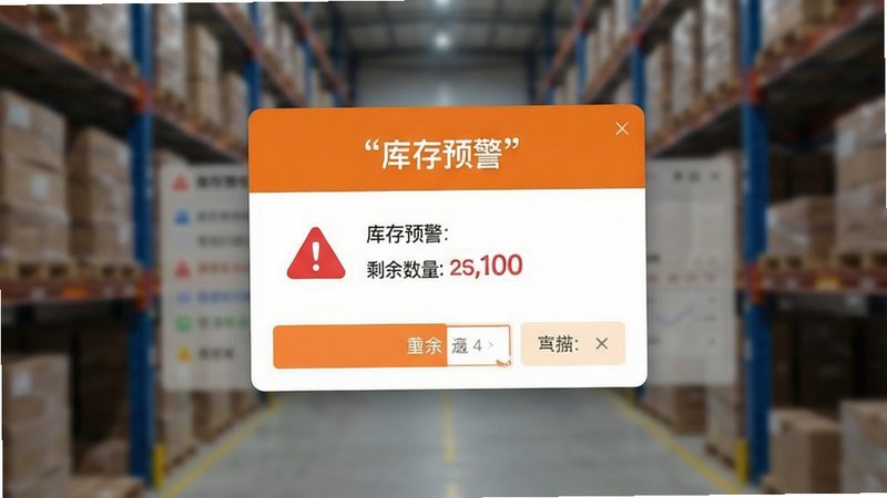 主体为库存预警弹窗界面,布局为居中模态框,背景虚化,排版紧凑,风格橙色警示色调,细节展示红色警告图标与剩余数量数字,画质清晰,干净,无多余元素,文字“库存预警”加引号