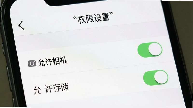 主体为手机设置权限界面示意图,布局为列表式排列,背景白色,排版简洁,风格系统原生风,细节展示“允许相机”、“允许存储”开关,画质清晰,干净,无多余元素,文字“权限设置”加引号