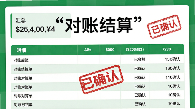 主体为电子对账单界面,布局为上下结构,上方为汇总金额,下方为明细列表,排版表格化,风格绿色安全色调,细节展示“已确认”印章效果,画质高清,干净,无多余元素,文字“对账结算”加引号