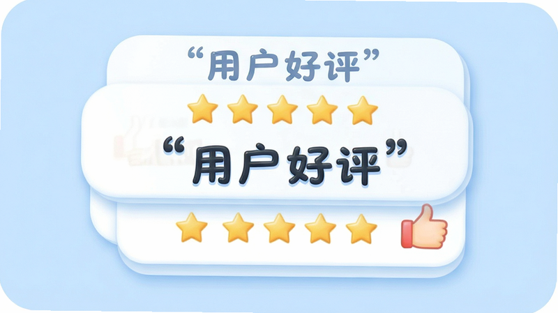 主体为用户好评反馈界面,布局为卡片式堆叠,背景浅蓝色,排版圆润,风格亲切友好,细节展示五星好评图标与点赞手势,画质清晰,干净,无多余元素,文字“用户好评”加引号
