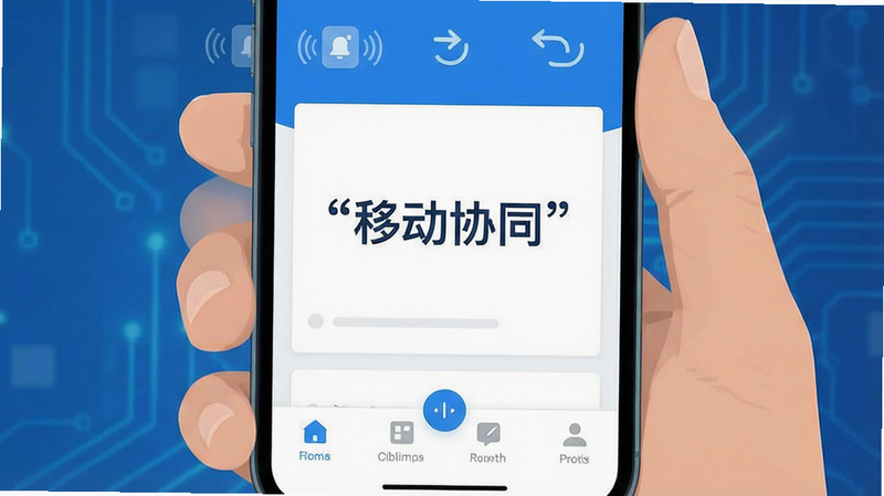 主体为移动端协作界面,布局为底部导航栏加中央内容区,排版扁平化,风格蓝色科技风,细节展示手机震动通知图标与同步箭头,画质清晰,干净,无多余元素,文字“移动协同”加引号