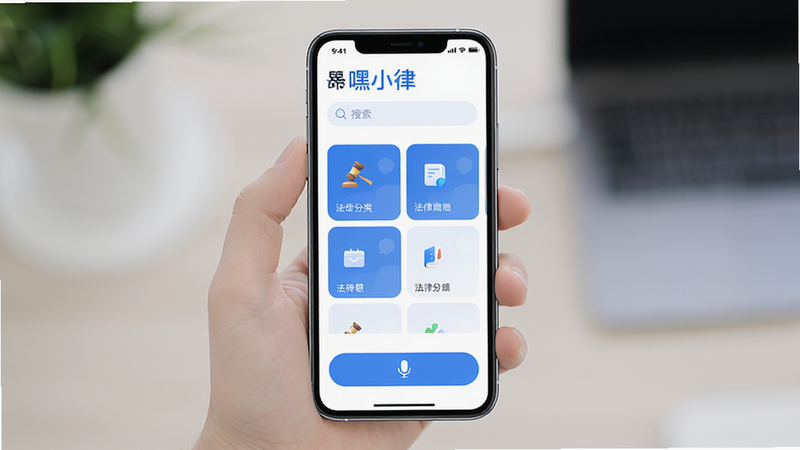 主体为智能手机屏幕界面,显示“嘿小律”APP首页,布局清晰,顶部有搜索栏,中部展示法律分类卡片,底部有语音输入按钮,排版整洁现代,风格为扁平化UI设计,细节包含蓝色主色调与白色背景,画质高清,干净,无多余元素