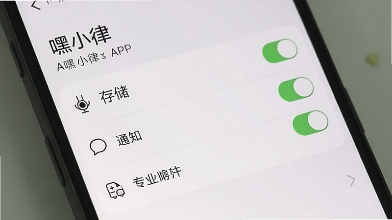 主体为手机设置界面,显示“嘿小律”APP的权限管理页面,布局列出麦克风、存储、通知等选项,排版列表式,风格系统原生UI,细节包含开关状态图标,画质清晰,干净,无多余元素