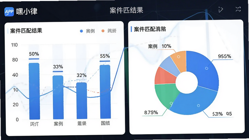 主体为数据可视化图表,展示“嘿小律”APP的案件匹配结果,布局包含柱状图与饼图,排版左右分栏,风格专业商务,细节包含百分比数据与案例标签,画质高保真,干净,无多余元素