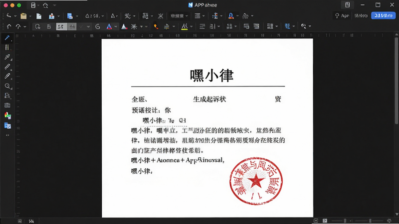 主体为文档编辑界面,显示“嘿小律”APP生成的起诉状预览,布局为A4纸样式,排版严谨,风格正式严肃,细节包含红色印章标识与黑色宋体字,画质细腻,干净,无多余元素
