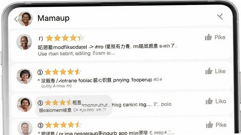 主体为Mamaup用户评价界面,布局为列表形式,排版整齐,风格正面积极,细节展示五星评分、用户评论、点赞数,文字内容真实可信,画质高清,干净,无多余元素