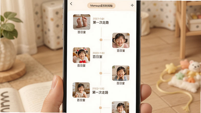 主体为Mamaup成长时间轴界面,布局为垂直滚动列表,排版整齐,风格温馨治愈,细节展示多个带有日期和照片缩略图的节点,文字标注“第一次走路”、“百日宴”等,画质清晰,干净,无多余元素