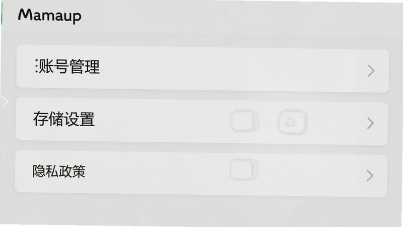 主体为Mamaup设置界面,布局为列表形式,排版简洁,风格中性专业,细节展示“账号管理”、“存储设置”、“隐私政策”等选项,文字清晰,画质高清,干净,无多余元素